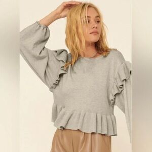 PROMESA ruffled peplum drop shoulder wool ribbed knit sweater